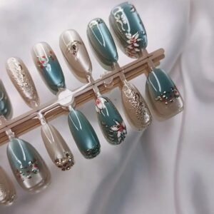 Oval Green Cat Eye Chrome Nails