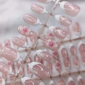 Pink 3D Flower Cat Eye French Nails