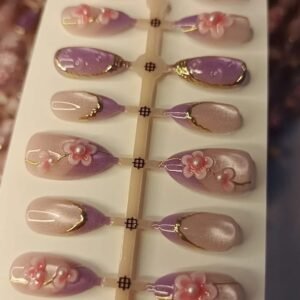 Nude & Brown 3D Floral Chrome Press-On Nails